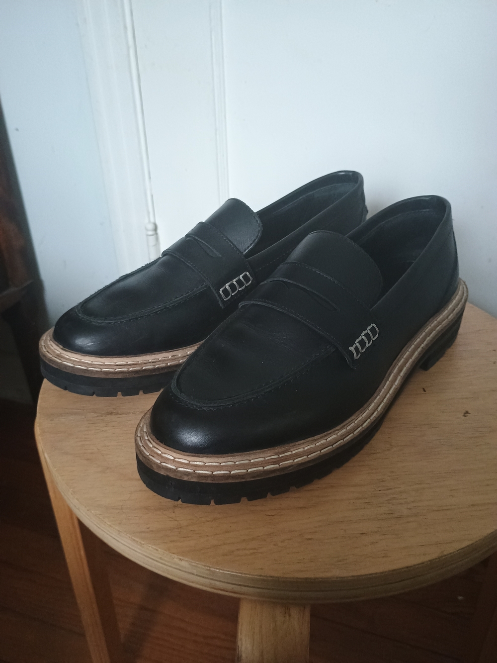 Boden Black Leather Penny Loafers with Lug Sole
